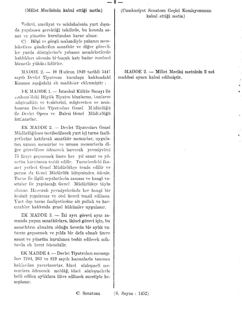 yüküı a,'üdürler. MADDE 2, 10 Hıziran 1949 tarihli 5441 sayılı Devlet Tiyatrosu kuruluşu hakkındaki Kanuna aşağıdaki ek maddeler eklenmiştir : IK MADDE 1.