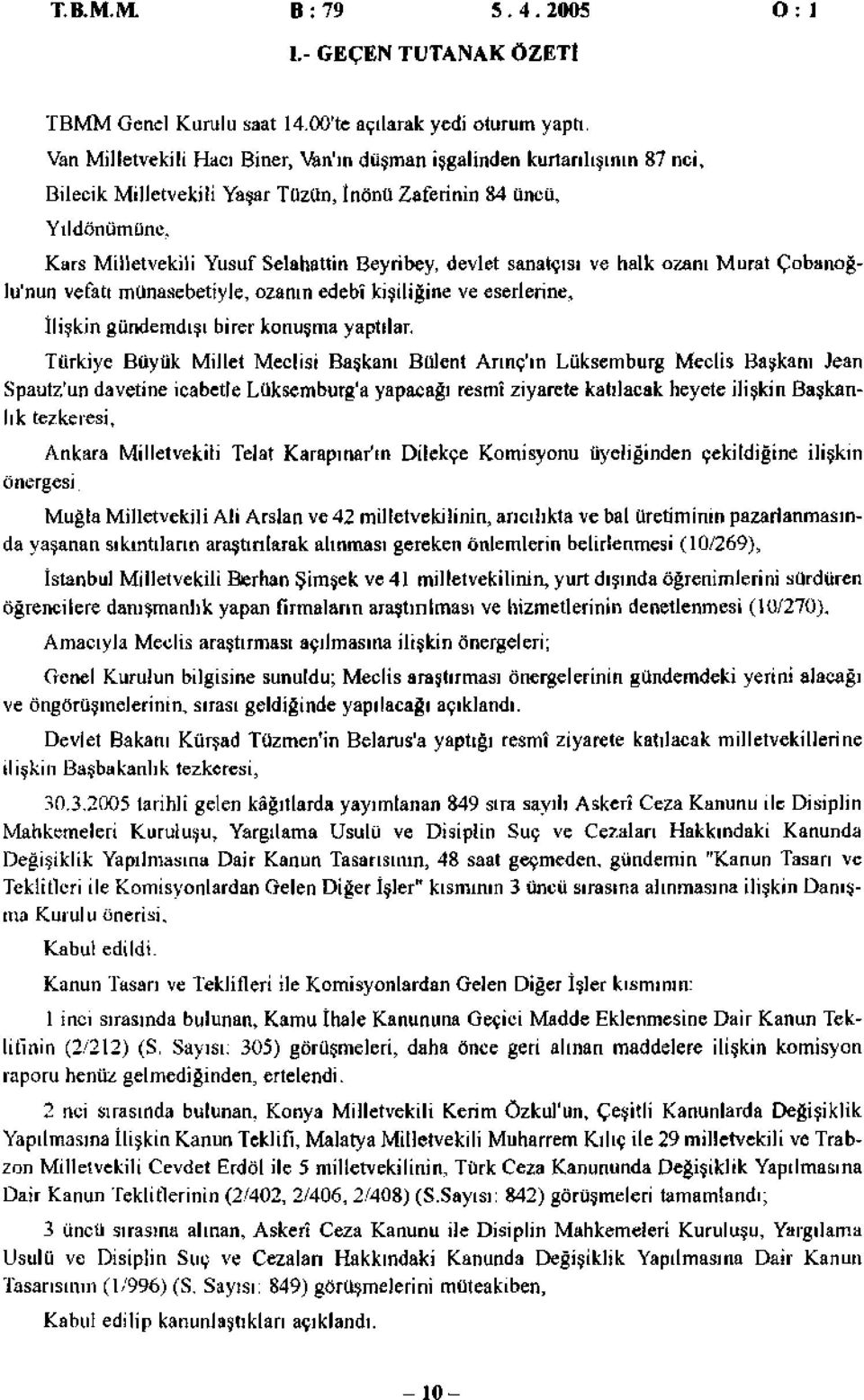 devlet sanatçısı ve halk ozanı Murat Çobanoğlu'nun vefatı münasebetiyle, ozanın edebî kişiliğine ve eserlerine, İlişkin gündemdışı birer konuşma yaptılar.