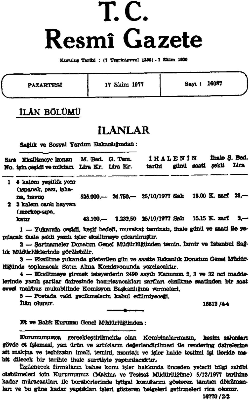 zarf 26, 3 3 kalem canlı hayvan (merkep-<sıpa, katır 43.100, 3^32,50 25/10/1977 Salı 15.15 K.