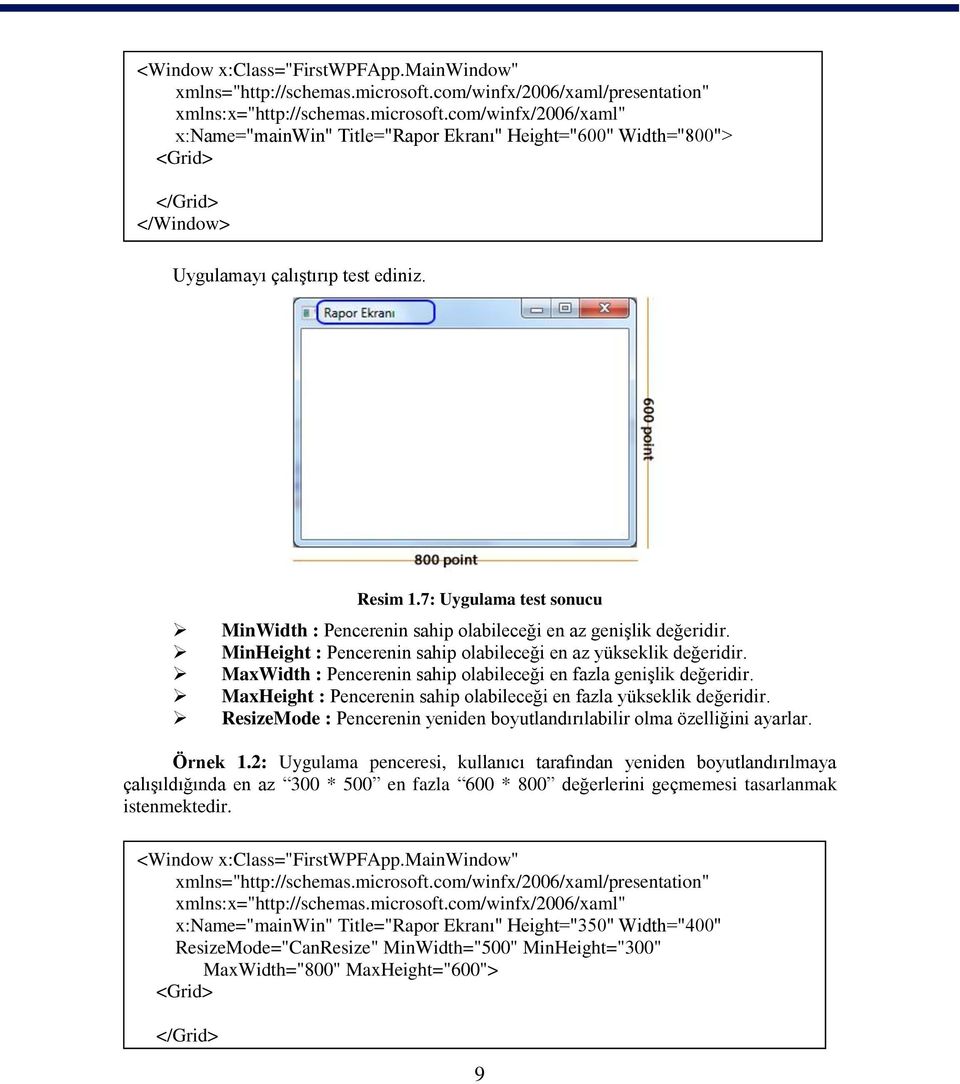 com/winfx/2006/xaml" x:name="mainwin" Title="Rapor Ekranı" Height="600" Width="800"> <Grid> </Grid> </Window> Uygulamayı çalıģtırıp test ediniz. Resim 1.