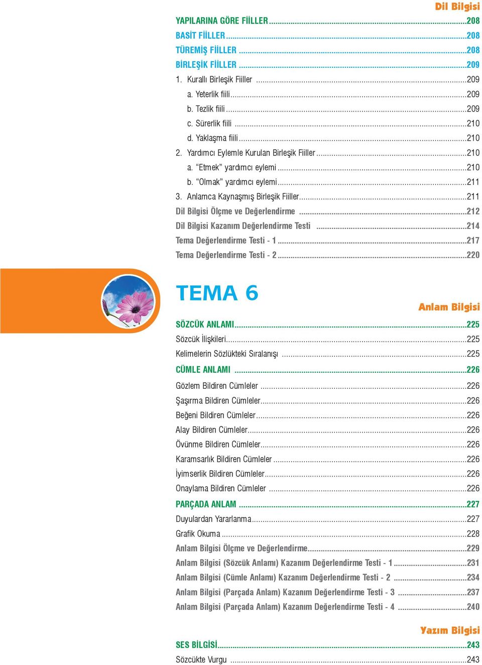 ..211 Dil Bilgisi Ölçme ve Deðerlendirme...212 Dil Bilgisi Kazaným Deðerlendirme Testi...214 Tema Deðerlendirme Testi - 1...217 Tema Deðerlendirme Testi - 2...220 TEMA 6 Anlam Bilgisi SÖZCÜK ANLAMI.