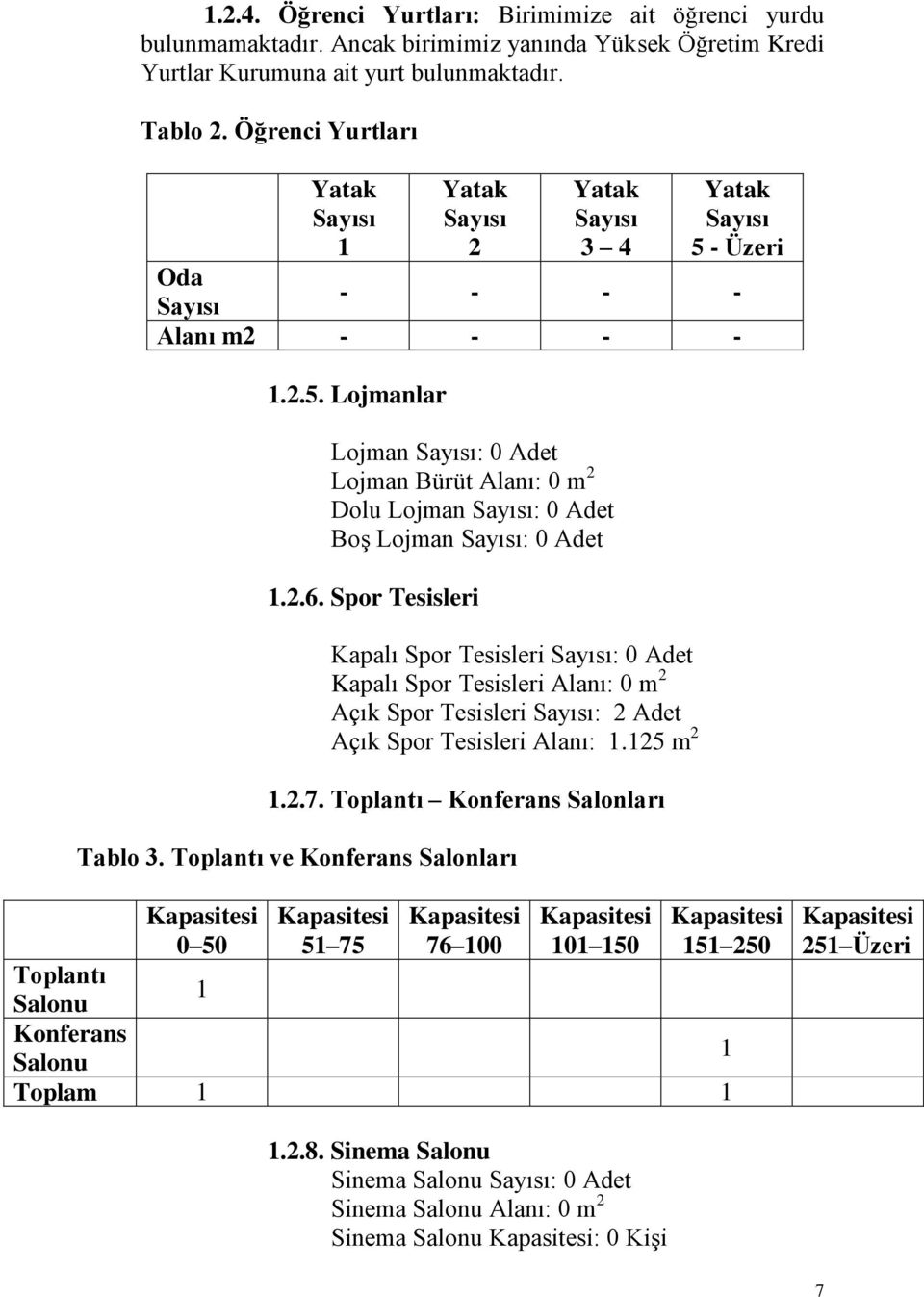 2.6. Spor Tesisleri Kapalı Spor Tesisleri Sayısı: 0 Adet Kapalı Spor Tesisleri Alanı: 0 m 2 Açık Spor Tesisleri Sayısı: 2 Adet Açık Spor Tesisleri Alanı: 1.125 m 2 1.2.7.