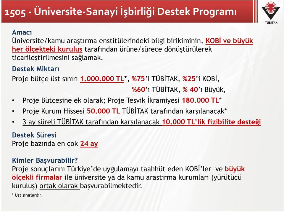 000 TL* Proje Kurum Hissesi 50.000 TL TÜBİTAK tarafından karşılanacak* 3 ay süreli TÜBİTAK tarafından karşılanacak 10.