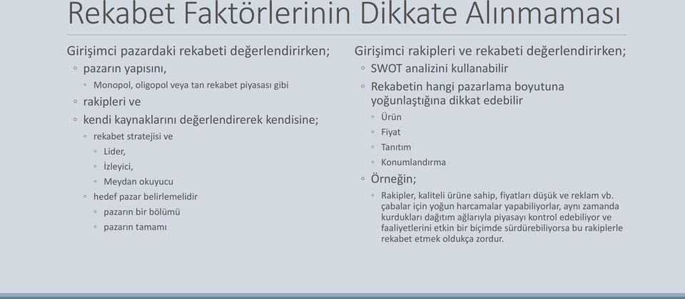 analizini kullanabilir Rekabetin hangi pazarlama boyutuna yoğunlaştığına dikkat edebilir Ürün Fiyat Tanıtım Konumlandırma Örneğin; Rakipler, kaliteli ürüne sahip, fiyatları düşük ve reklam vb.