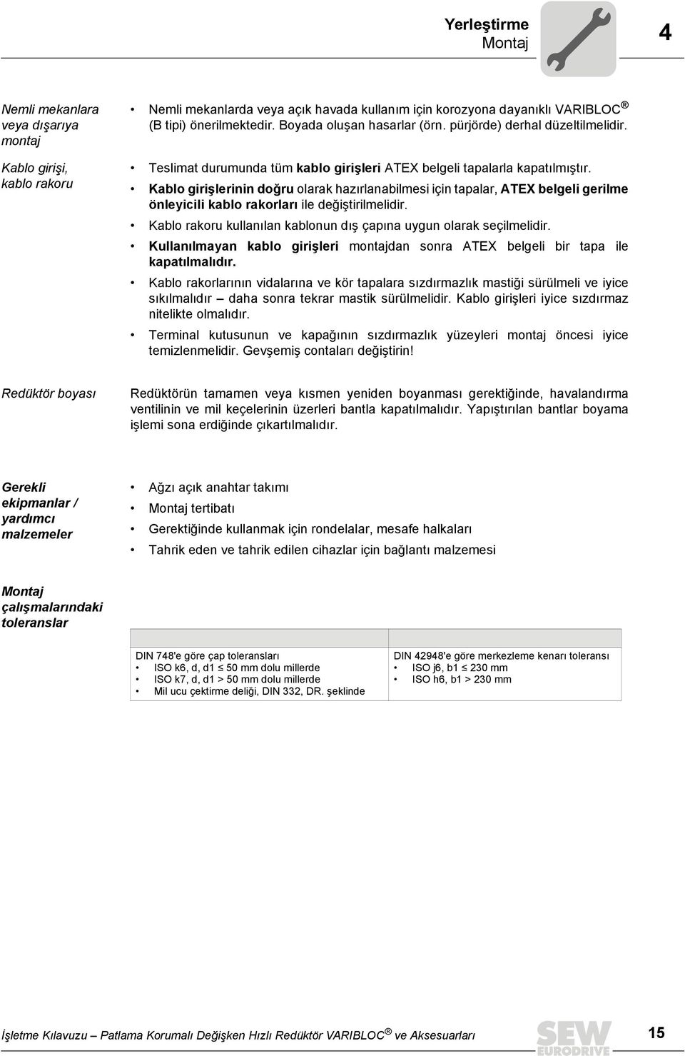 Kablo girişlerinin doğru olarak hazırlanabilmesi için tapalar, ATEX belgeli gerilme önleyicili kablo rakorları ile değiştirilmelidir.