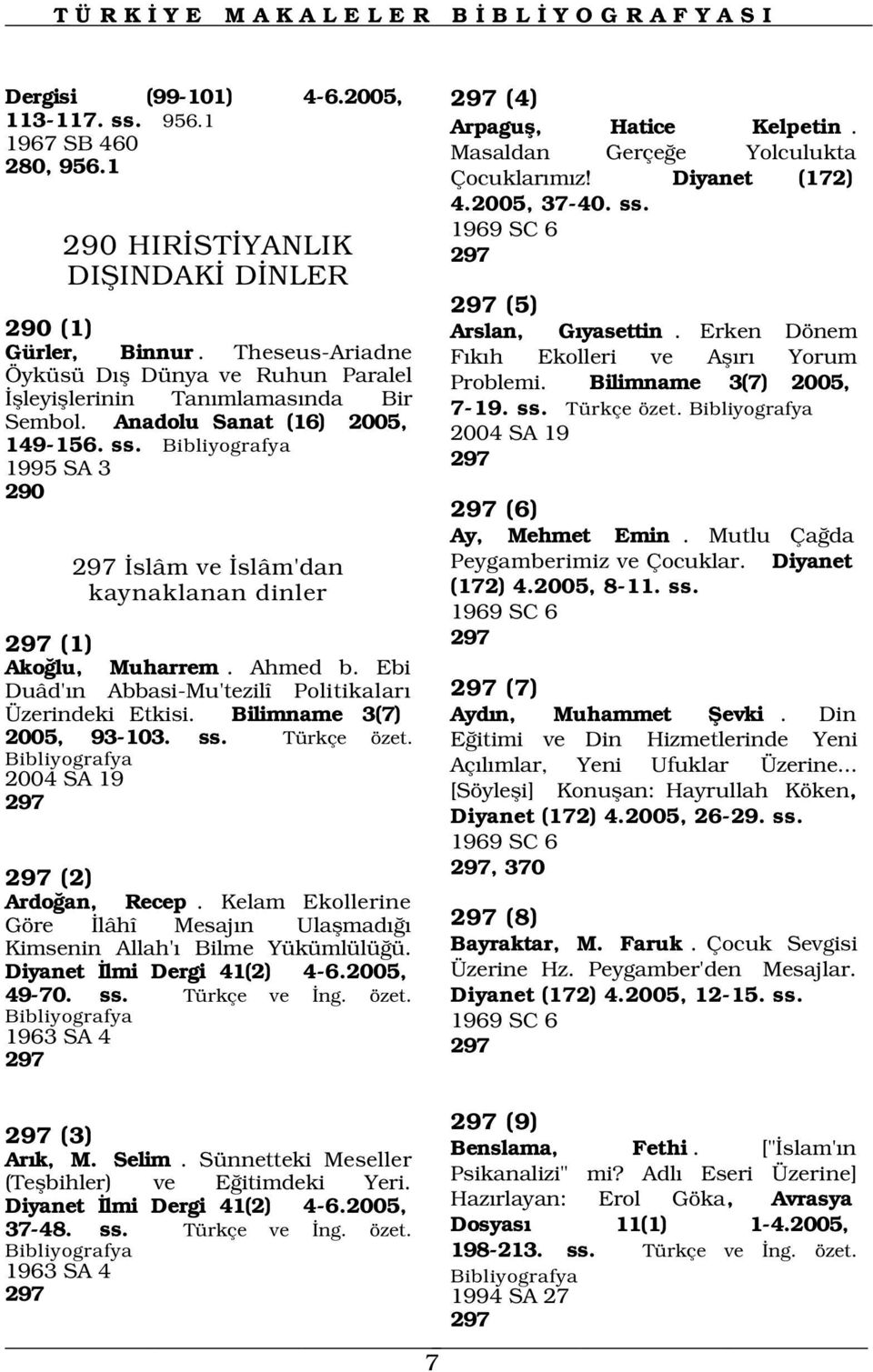 Bilimname 3(7) 2005, flleyifllerinin Tan mlamas nda Bir 7-19. ss. Türkçe özet. Sembol. Anadolu Sanat (16) 2005, 149-156. ss. 1995 SA 3 290 297 slâm ve slâm'dan kaynaklanan dinler 297 (1) Ako lu, Muharrem.