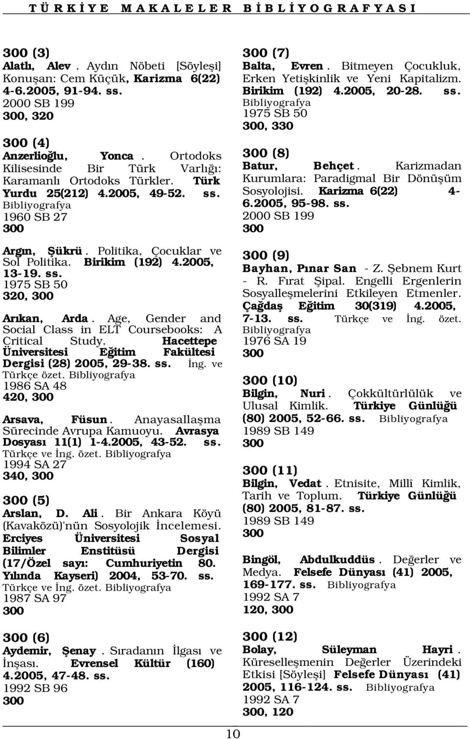 Türk Kurumlara: Paradigmal Bir Dönüflüm Yurdu 25(212) 4.2005, 49-52. ss. Sosyolojisi. Karizma 6(22) 4-6.2005, 95-98. ss. 1960 SB 27 2000 SB 199 300 300 Arg n, fiükrü.