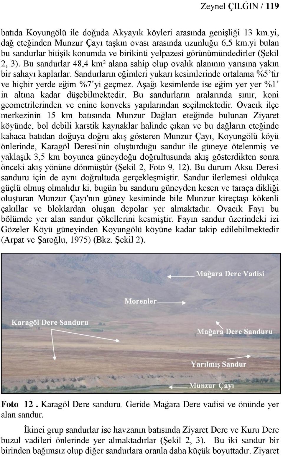 Sandurların eğimleri yukarı kesimlerinde ortalama %5 tir ve hiçbir yerde eğim %7 yi geçmez. Aşağı kesimlerde ise eğim yer yer %1 in altına kadar düşebilmektedir.