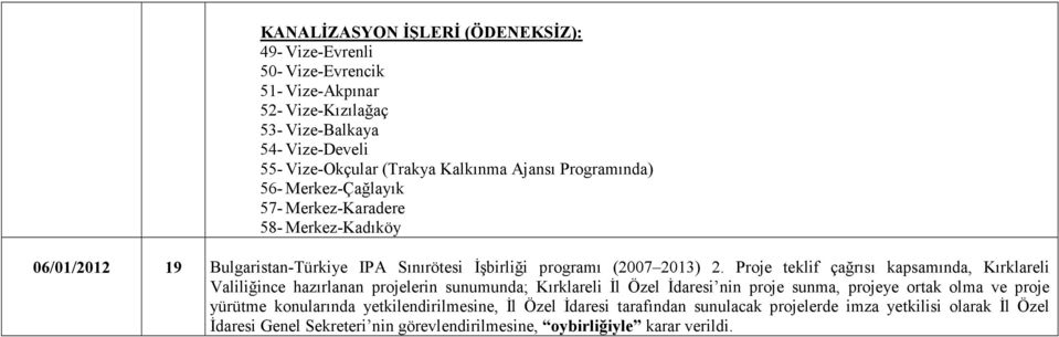 Proje teklif çağrısı kapsamında, Kırklareli Valiliğince hazırlanan projelerin sunumunda; Kırklareli Đl Özel Đdaresi nin proje sunma, projeye ortak olma ve proje yürütme