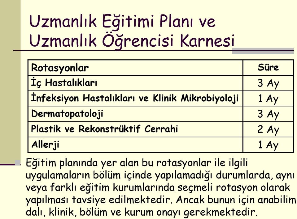 alan bu rotasyonlar ile ilgili uygulamaların bölüm içinde yapılamadığı durumlarda, aynı veya farklı eğitim kurumlarında