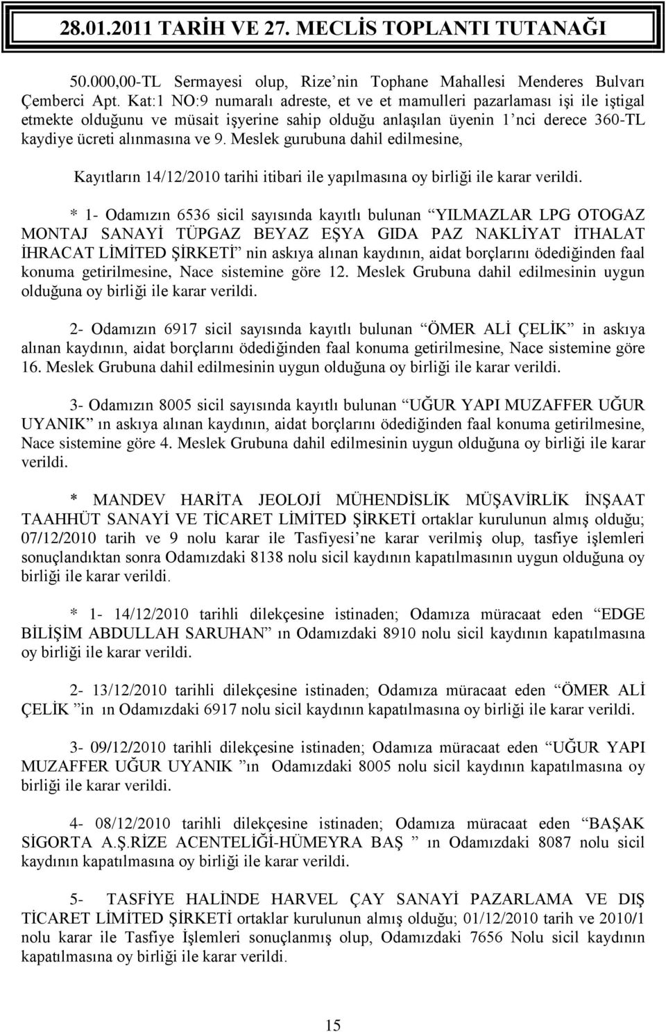 Meslek gurubuna dahil edilmesine, Kayıtların 14/12/2010 tarihi itibari ile yapılmasına oy birliği ile karar verildi.