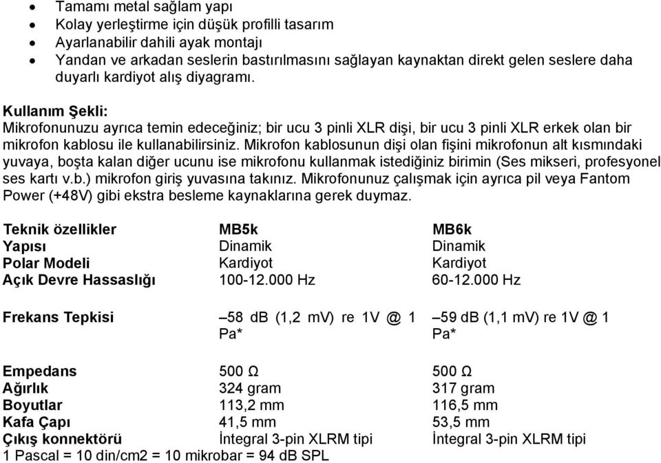 Teknik özellikler MB5k MB6k Yapısı Dinamik Dinamik Polar Modeli Kardiyot Kardiyot Açık Devre Hassaslığı 100-12.000 Hz 60-12.