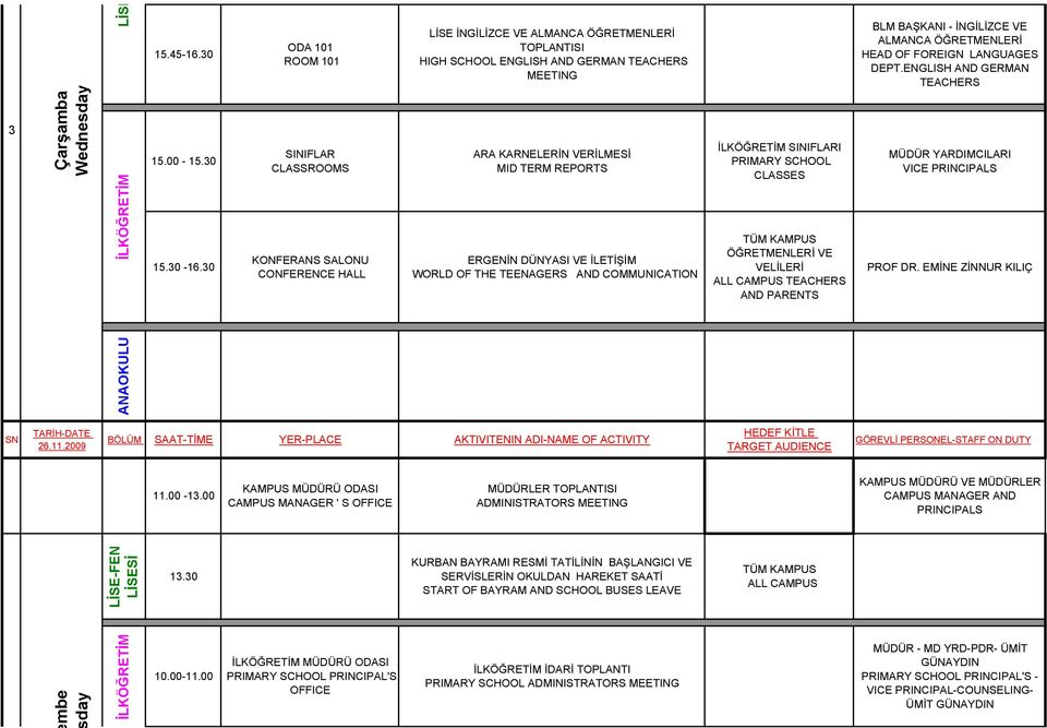 ENGLISH AND GERMAN TEACHERS 3 Çarşamba Wednesday İLKÖĞRETİM 15.00-15.30 15.30-16.