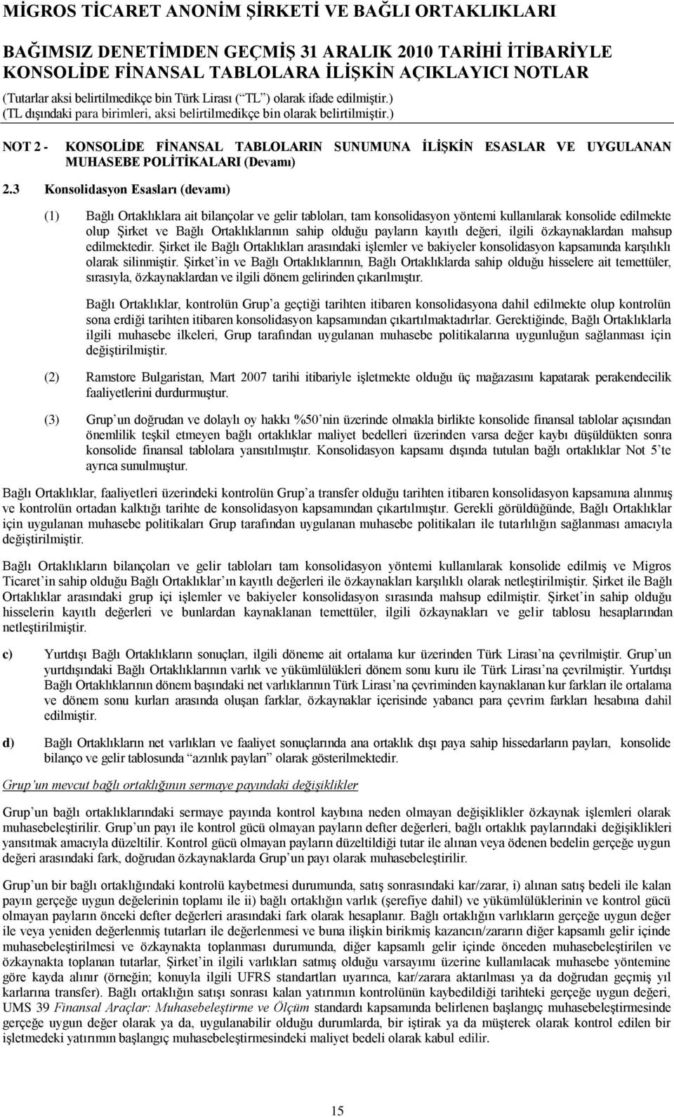 olduğu payların kayıtlı değeri, ilgili özkaynaklardan mahsup edilmektedir. ġirket ile Bağlı Ortaklıkları arasındaki iģlemler ve bakiyeler konsolidasyon kapsamında karģılıklı olarak silinmiģtir.