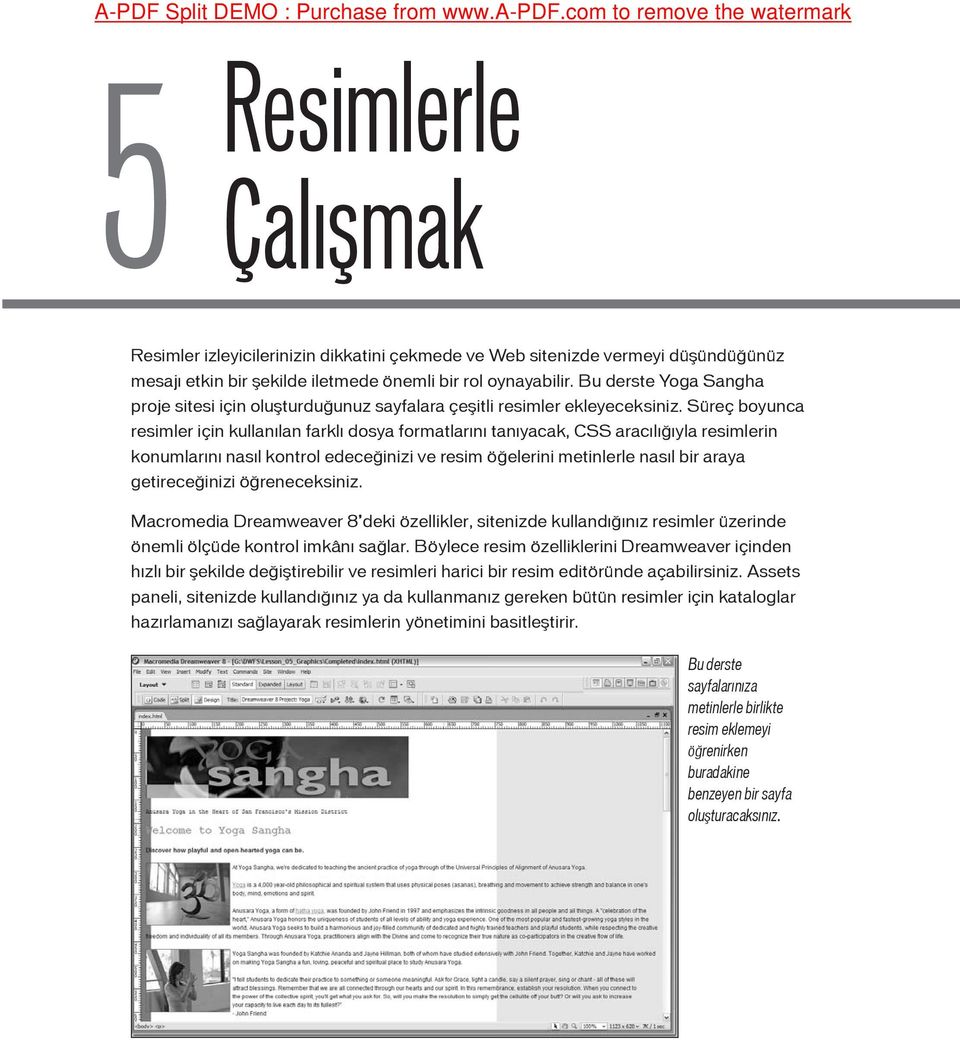 Bu derste Yoga Sangha proje sitesi için oluşturduğunuz sayfalara çeşitli resimler ekleyeceksiniz.