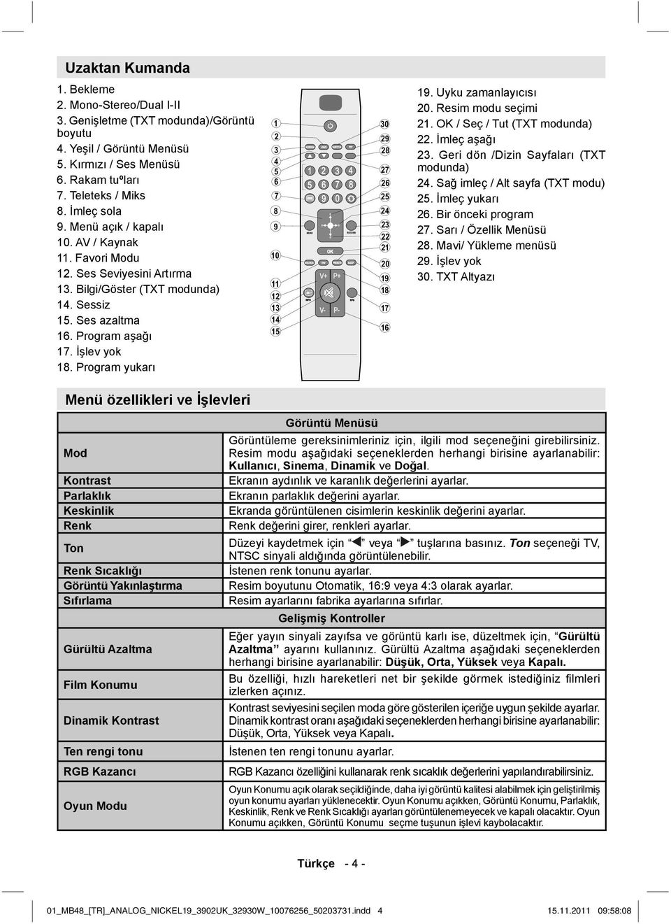 Uyku zamanlayıcısı 20. Resim modu seçimi 21. OK / Seç / Tut (TXT modunda) 22. İmleç aşağı 23. Geri dön /Dizin Sayfaları (TXT modunda) 24. Sağ imleç / Alt sayfa (TXT modu) 25. İmleç yukarı 26.