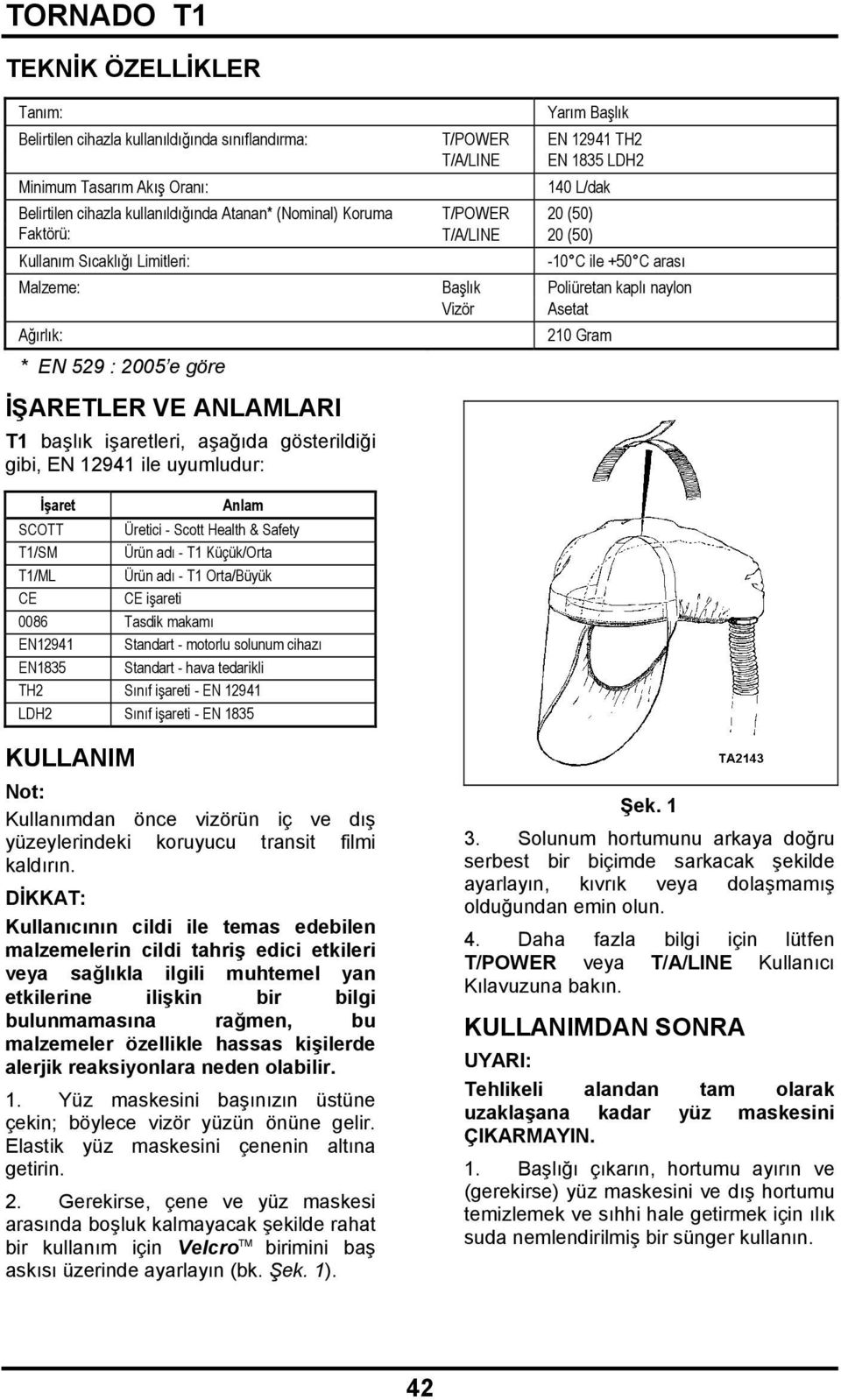 : 2005 e göre İŞARETLER VE ANLAMLARI T1 başlık işaretleri, aşağıda gösterildiği gibi, EN 12941 ile uyumludur: İşaret Anlam SCOTT Üretici - Scott Health & Safety T1/SM Ürün adı - T1 Küçük/Orta T1/ML