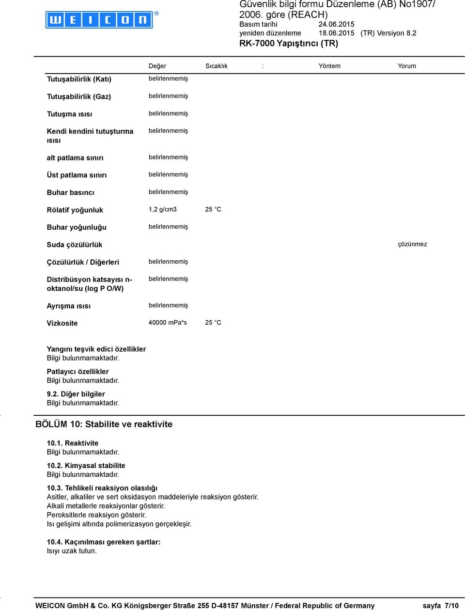 özellikler 9.2. Diğer bilgiler BÖLÜM 10: Stabilite ve reaktivite 10.1. Reaktivite 10.2. Kimyasal stabilite 10.3.