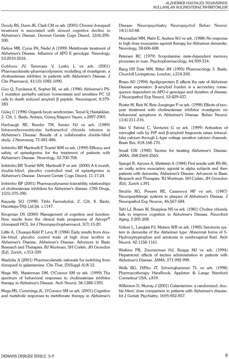 Farlow MR, Cyrus PA, Nadel A (1999) Metrifonate treatment of Alzheimer's Disease. Influence of APO E genotype. Neurology, 53:2010-2016. Gobburu JV, Tammara V, Lesko L ve ark.