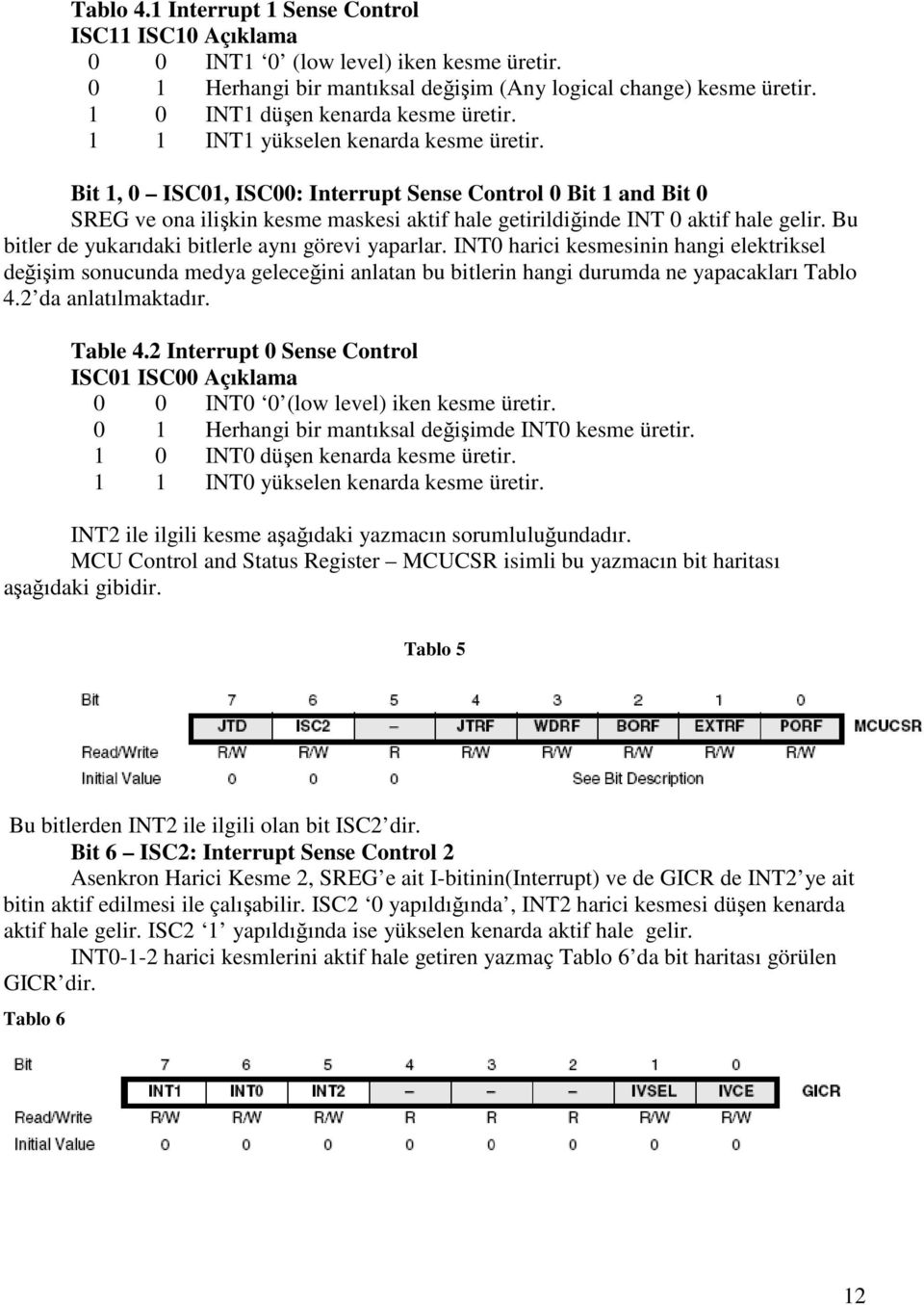 Bit 1, 0 ISC01, ISC00: Interrupt Sense Control 0 Bit 1 and Bit 0 SREG ve ona ilişkin kesme maskesi aktif hale getirildiğinde INT 0 aktif hale gelir.