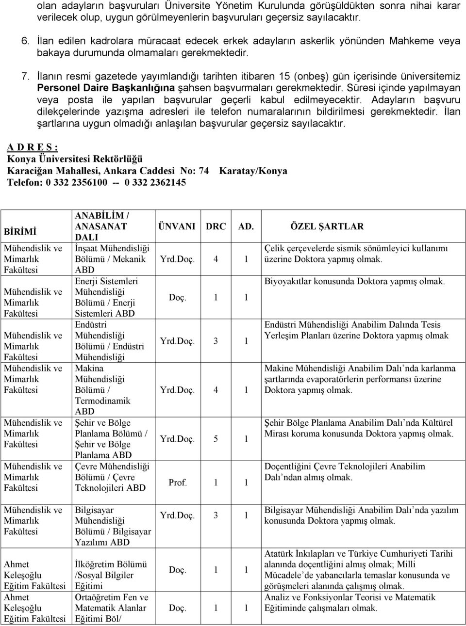 İlanın resmi gazetede yayımlandığı tarihten itibaren 15 (onbeş) gün içerisinde üniversitemiz Personel Daire Başkanlığına şahsen başvurmaları gerekmektedir.