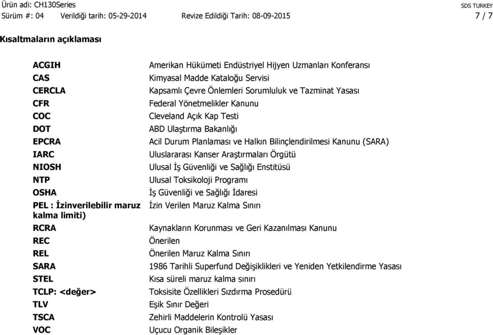 Bakanlığı Acil Durum Planlaması ve Halkın Bilinçlendirilmesi Kanunu (SARA) Uluslararası Kanser Araştırmaları Örgütü Ulusal İş Güvenliği ve Sağlığı Enstitüsü Ulusal Toksikoloji Programı İş Güvenliği