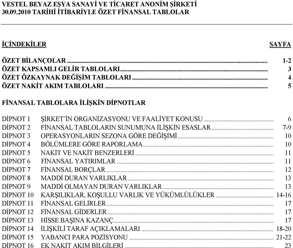 .. 7-9 DİPNOT 3 OPERASYONLARIN SEZONA GÖRE DEĞİŞİMİ... 10 DİPNOT 4 BÖLÜMLERE GÖRE RAPORLAMA... 10 DİPNOT 5 NAKİT VE NAKİT BENZERLERİ... 11 DİPNOT 6 FİNANSAL YATIRIMLAR... 11 DİPNOT 7 FİNANSAL BORÇLAR.