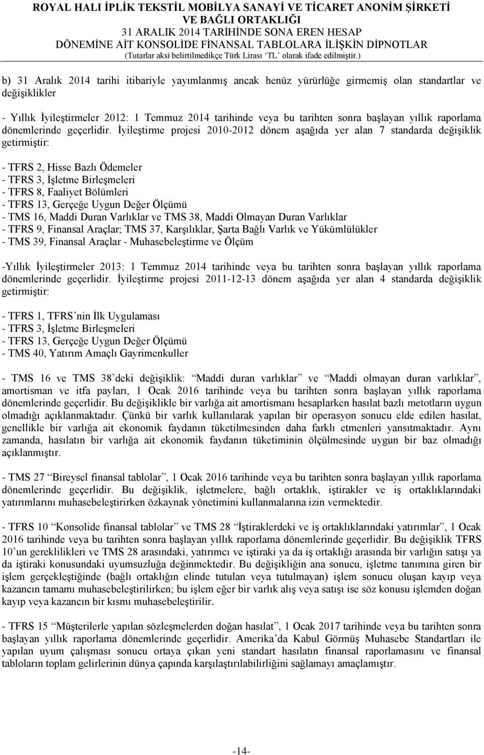 İyileştirme projesi 2010-2012 dönem aşağıda yer alan 7 standarda değişiklik getirmiştir: - TFRS 2, Hisse Bazlı Ödemeler - TFRS 3, İşletme Birleşmeleri - TFRS 8, Faaliyet Bölümleri - TFRS 13, Gerçeğe