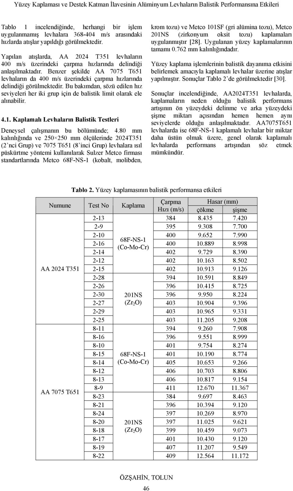 Benzer şekilde AA 7075 T651 levhaların da 400 m/s üzerindeki çarpma hızlarında delindiği görülmektedir.