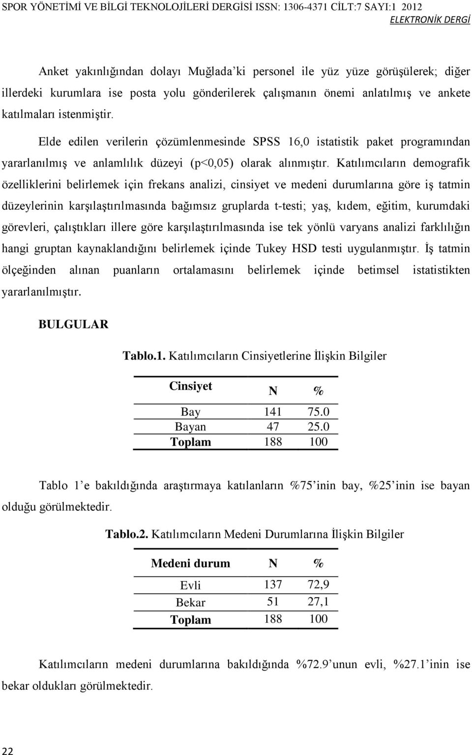 Katılımcıların demografik özelliklerini belirlemek için frekans analizi, cinsiyet ve medeni durumlarına göre iş tatmin düzeylerinin karşılaştırılmasında bağımsız gruplarda t-testi; yaş, kıdem,