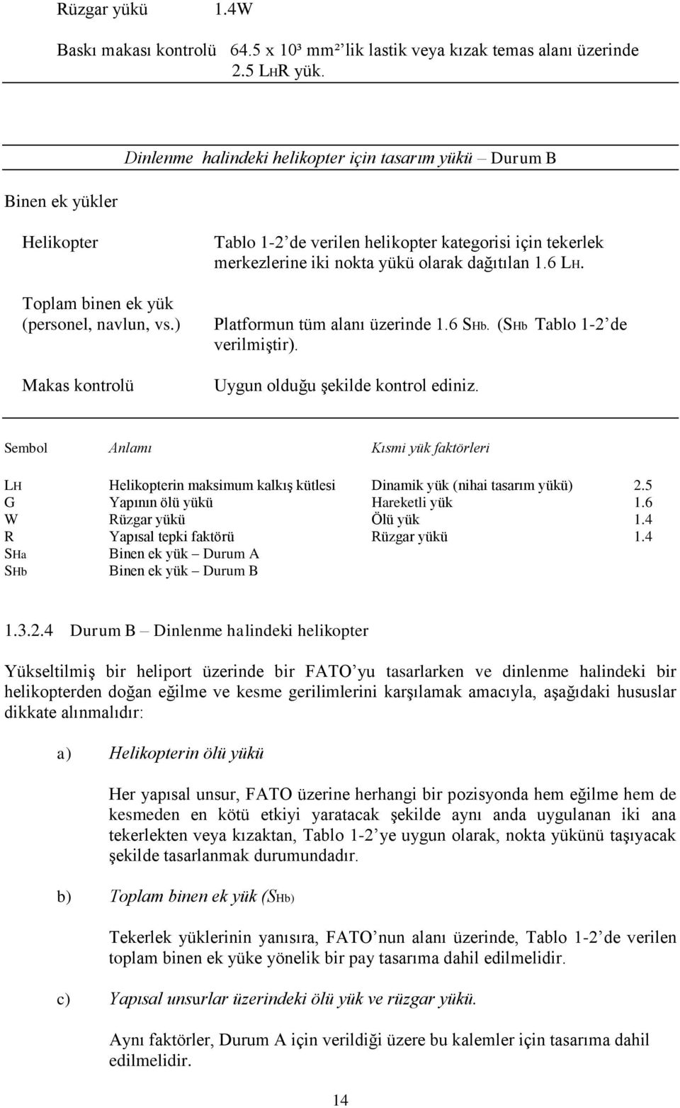 ) Makas kontrolü Tablo 1-2 de verilen helikopter kategorisi için tekerlek merkezlerine iki nokta yükü olarak dağıtılan 1.6 LH. Platformun tüm alanı üzerinde 1.6 SHb. (SHb Tablo 1-2 de verilmiştir).