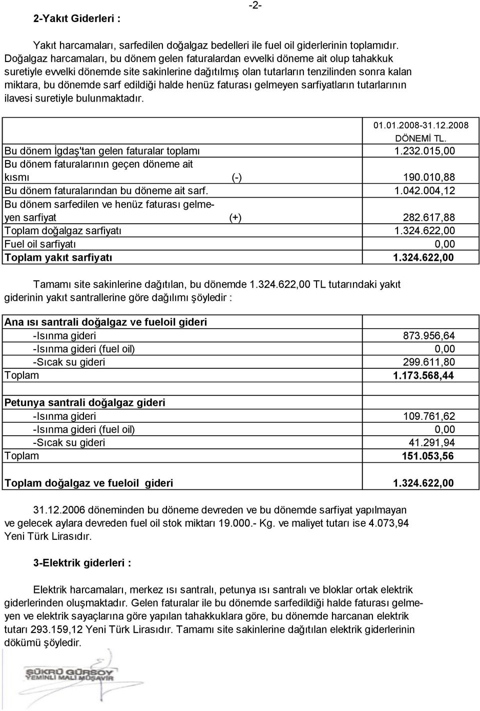 sarf edildiği halde henüz faturası gelmeyen sarfiyatların tutarlarının ilavesi suretiyle bulunmaktadır. Bu dönem İgdaş'tan gelen faturalar toplamı 1.232.