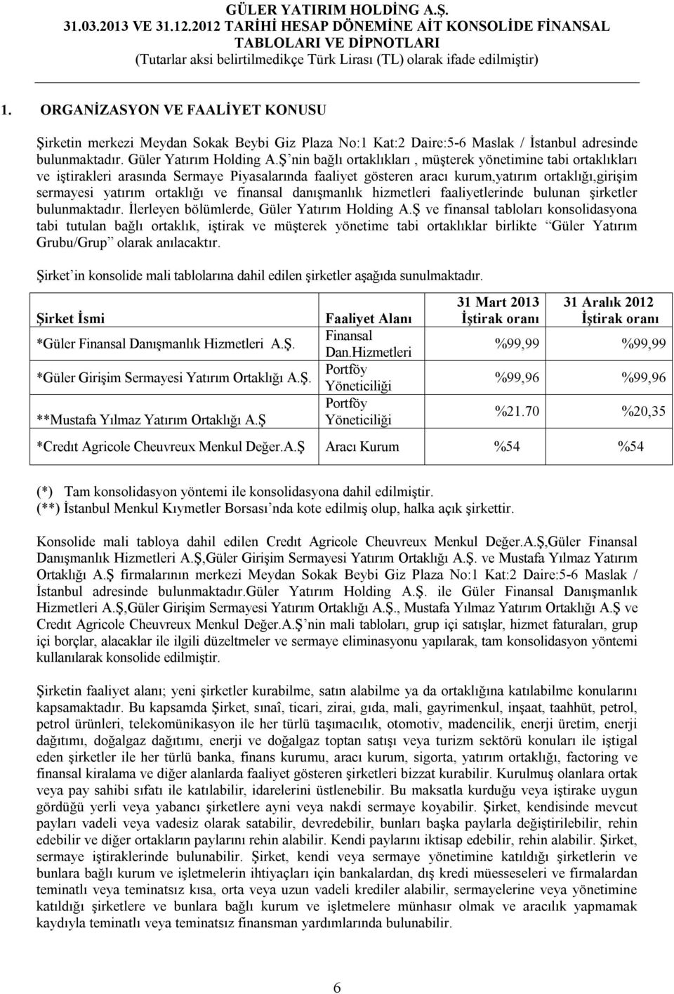 finansal danışmanlık hizmetleri faaliyetlerinde bulunan şirketler bulunmaktadır. İlerleyen bölümlerde, Güler Yatırım Holding A.