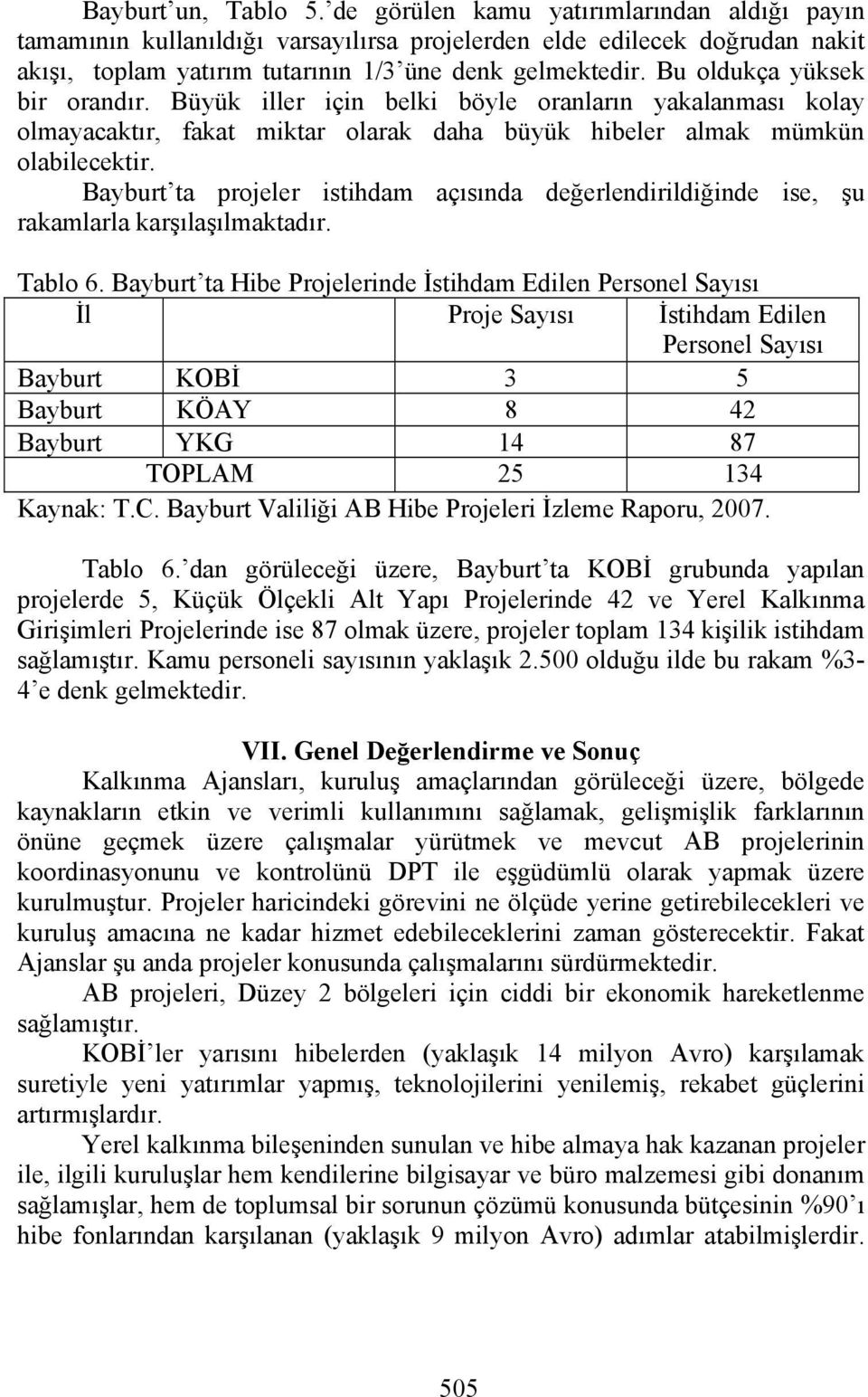 Bayburt ta projeler istihdam açısında değerlendirildiğinde ise, şu rakamlarla karşılaşılmaktadır. Tablo 6.