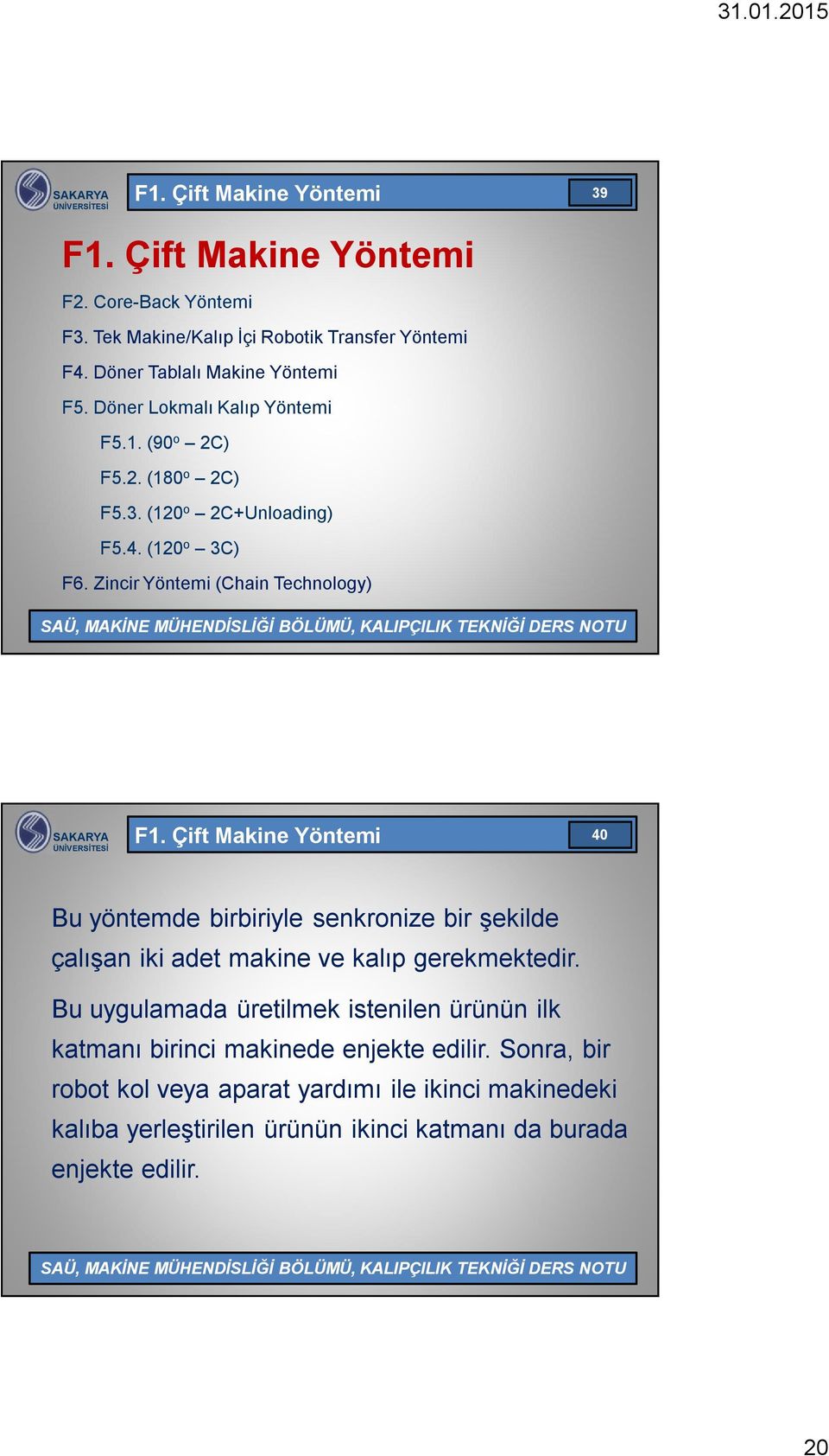 Çift Makine Yöntemi 40 Bu yöntemde birbiriyle senkronize bir şekilde çalışan iki adet makine ve kalıp gerekmektedir.