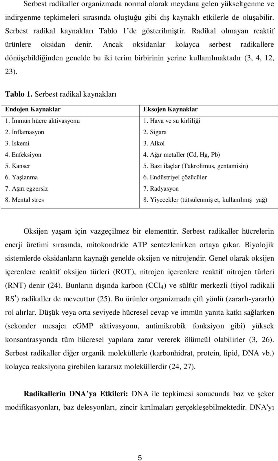 Ancak oksidanlar kolayca serbest radikallere dönü ebildi inden genelde bu iki terim birbirinin yerine kullan lmaktad r (3, 4, 12, 23). Tablo 1. Serbest radikal kaynaklar Endojen Kaynaklar 1.