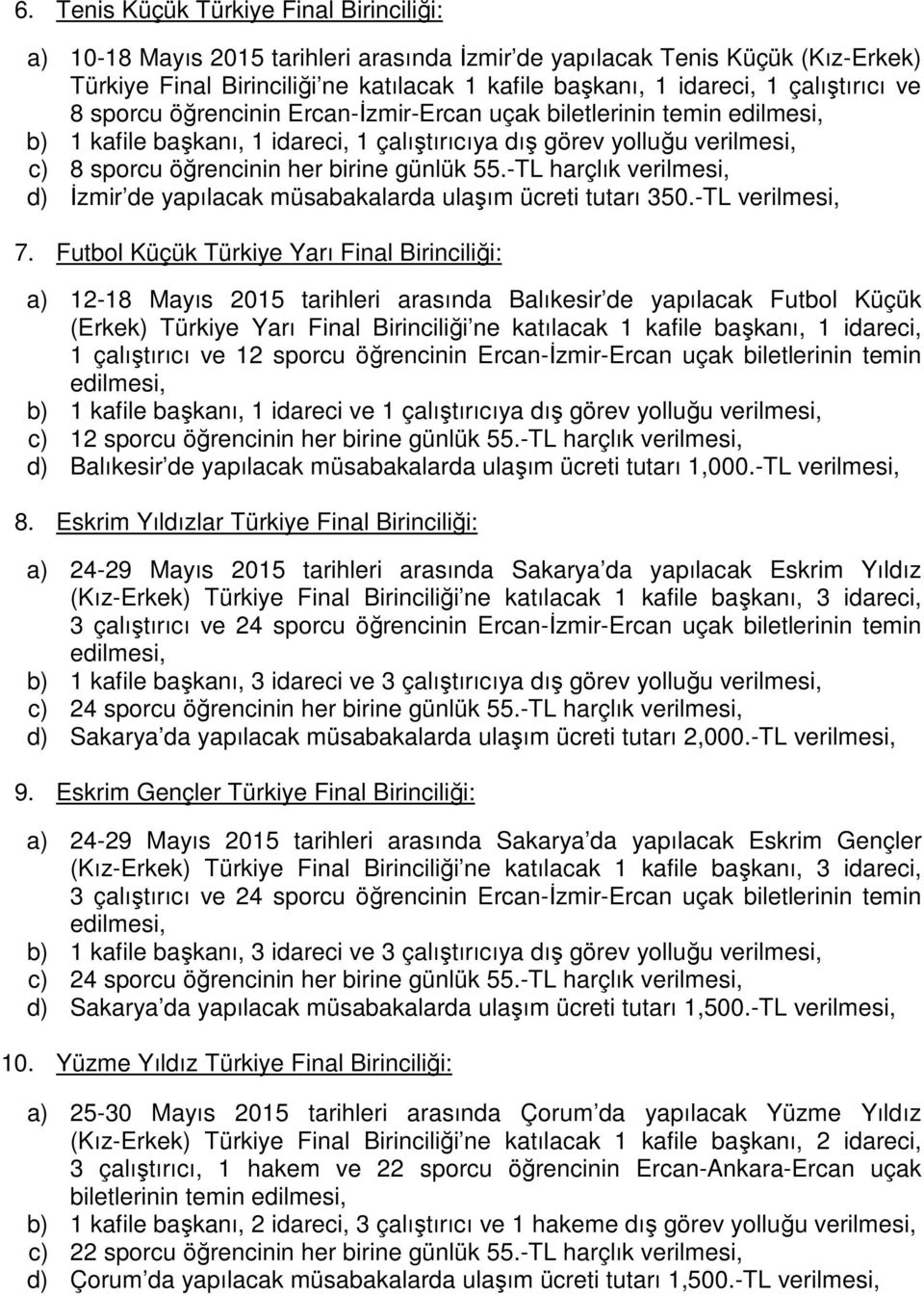 günlük 55.-TL harçlık verilmesi, d) İzmir de yapılacak müsabakalarda ulaşım ücreti tutarı 350.-TL verilmesi, 7.