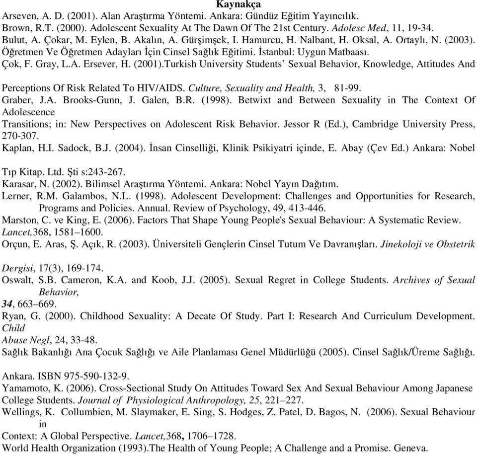 (21).Turkish University Students Sexual Behavior, Knowledge, Attitudes And Perceptions Of Risk Related To HIV/AIDS. Culture, Sexuality and Health, 3, 81-99. Graber, J.A. Brooks-Gunn, J. Galen, B.R. (1998).