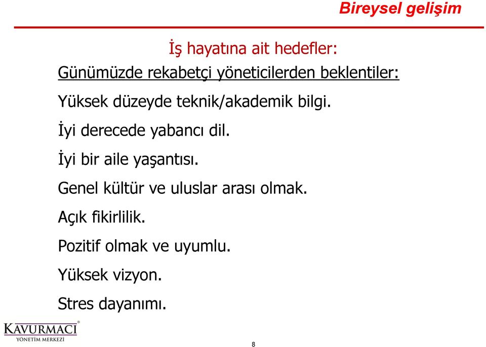 İyi derecede yabancı dil. İyi bir aile yaşantısı.