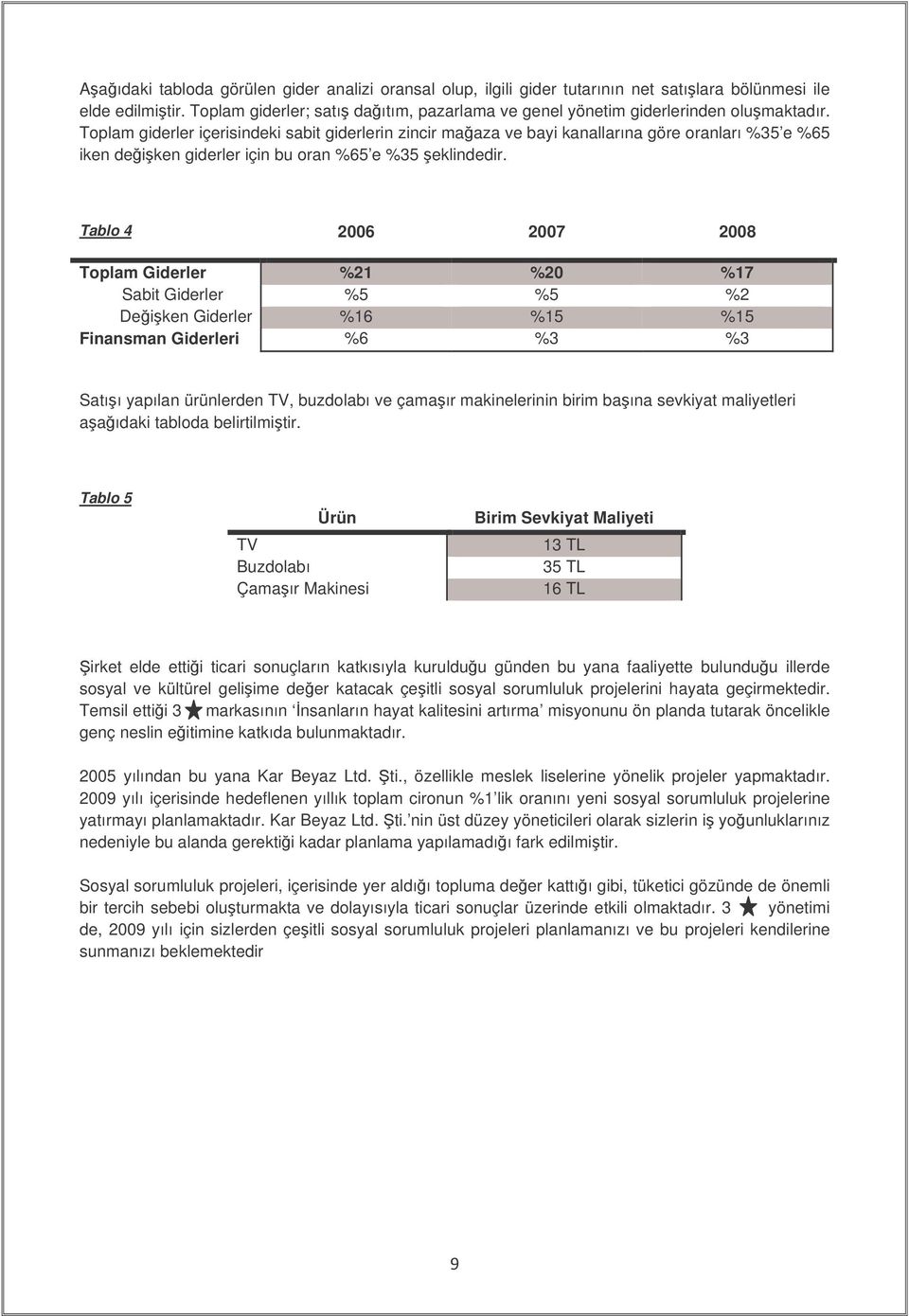 Toplam giderler içerisindeki sabit giderlerin zincir maaza ve bayi kanallarına göre oranları %35 e %65 iken deiken giderler için bu oran %65 e %35 eklindedir.