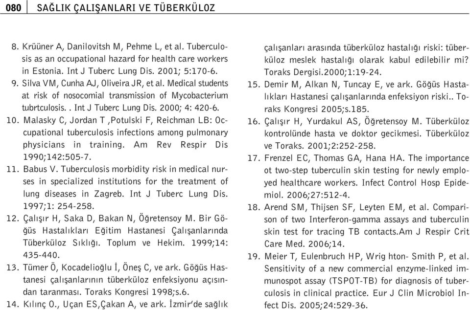 Malasky C, Jordan T,Potulski F, Reichman LB: Occupational tuberculosis infections among pulmonary physicians in training. Am Rev Respir Dis 1990;142:505-7. 11. Babus V.