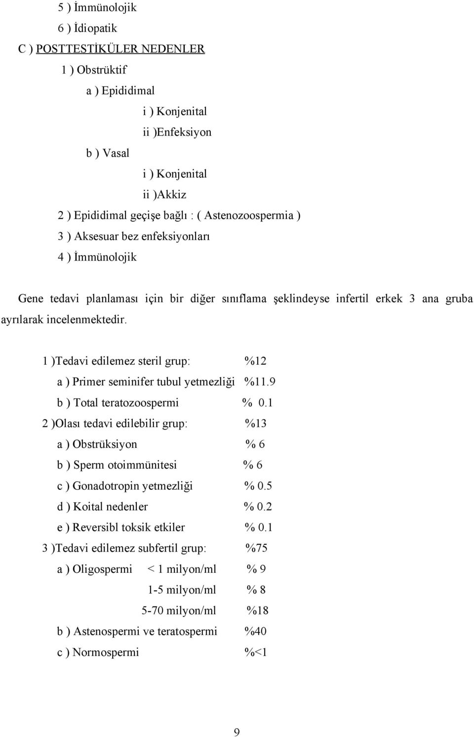 1 )Tedavi edilemez steril grup: %12 a ) Primer seminifer tubul yetmezliği %11.9 b ) Total teratozoospermi % 0.