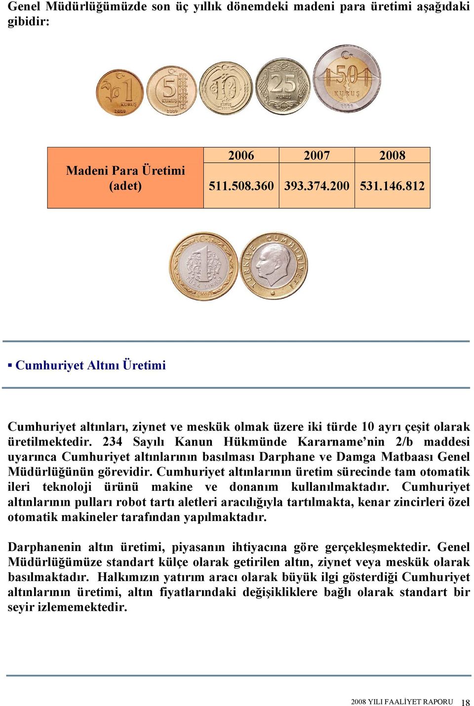 234 Sayılı Kanun Hükmünde Kararname nin 2/b maddesi uyarınca Cumhuriyet altınlarının basılması Darphane ve Damga Matbaası Genel Müdürlüğünün görevidir.