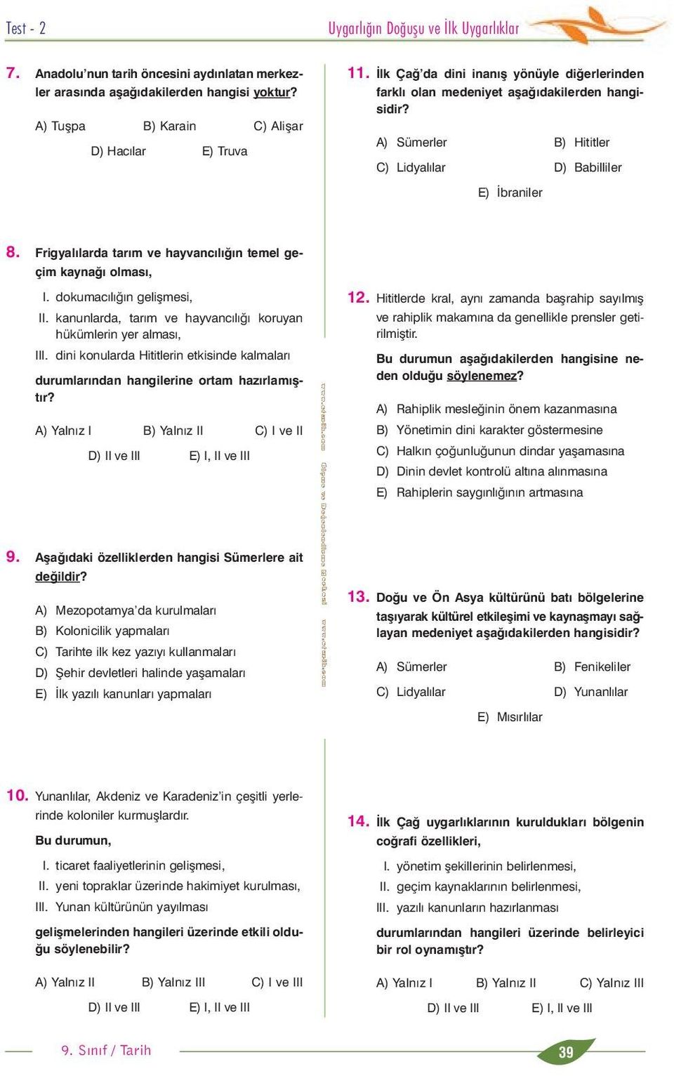 Frigyalýlarda tarým ve hayvancýlýðýn temel geçim kaynaðý olmasý, C I. dokumacýlýðýn geliþmesi, II. kanunlarda, tarým ve hayvancýlýðý koruyan hükümlerin yer almasý, III.