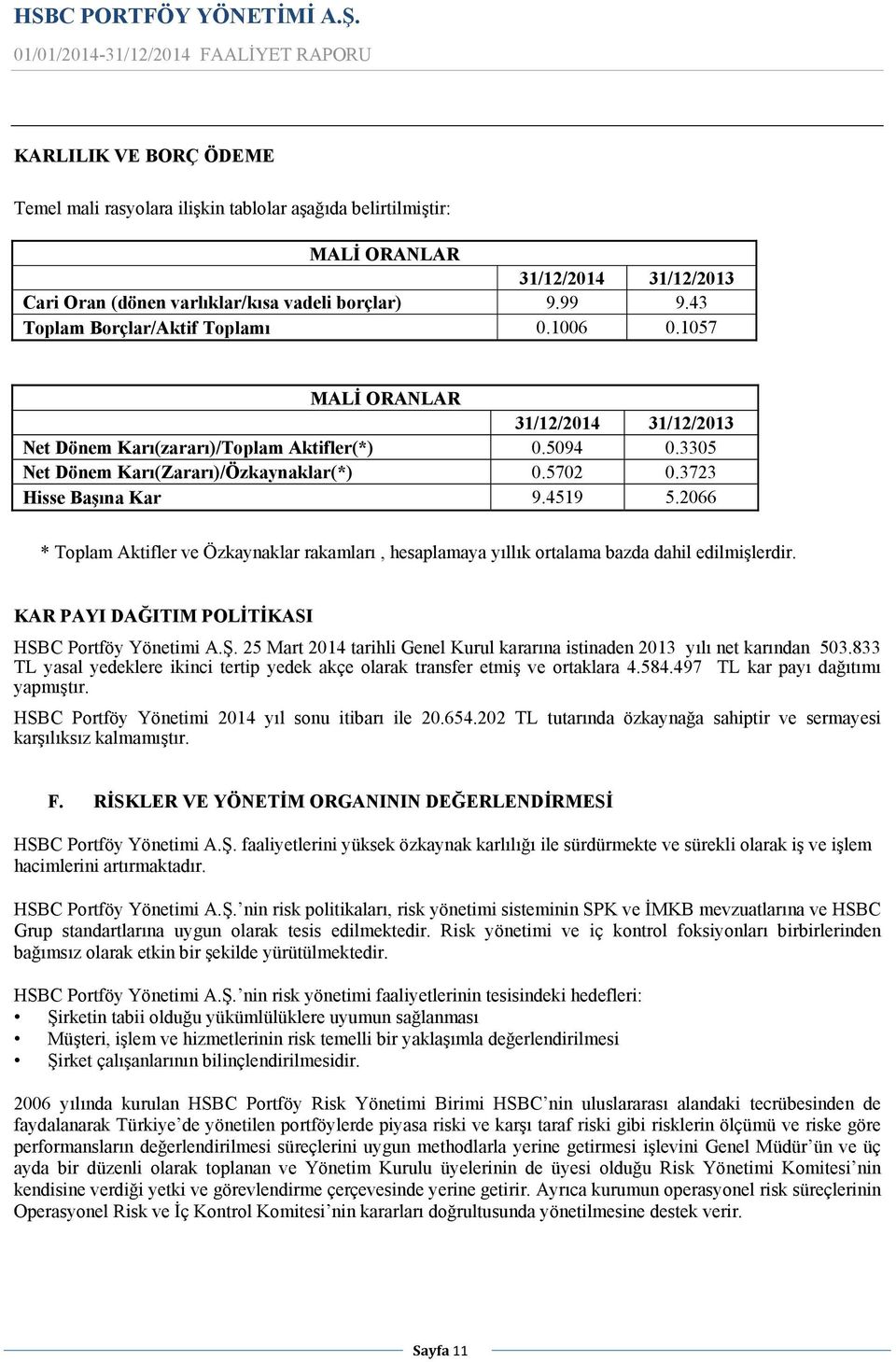 3723 Hisse Başına Kar 9.4519 5.2066 * Toplam Aktifler ve Özkaynaklar rakamları, hesaplamaya yıllık ortalama bazda dahil edilmişlerdir. KAR PAYI DAĞITIM POLİTİKASI HSBC Portföy Yönetimi A.Ş.