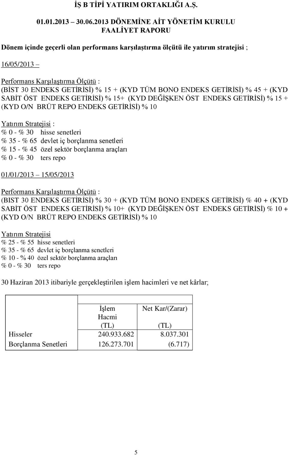 borçlanma senetleri % 15 - % 45 özel sektör borçlanma araçları % 0 - % 30 ters repo 01/01/2013 15/05/2013 Performans Karşılaştırma Ölçütü : (BIST 30 ENDEKS GETİRİSİ) % 30 + (KYD TÜM BONO ENDEKS