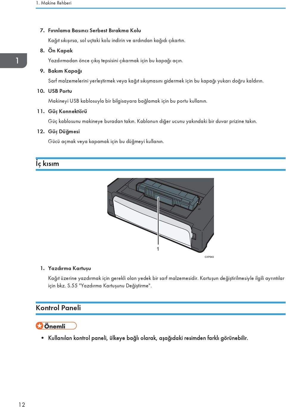 USB Portu Makineyi USB kablosuyla bir bilgisayara bağlamak için bu portu kullanın. 11. Güç Konnektörü Güç kablosunu makineye buradan takın. Kablonun diğer ucunu yakındaki bir duvar prizine takın. 12.