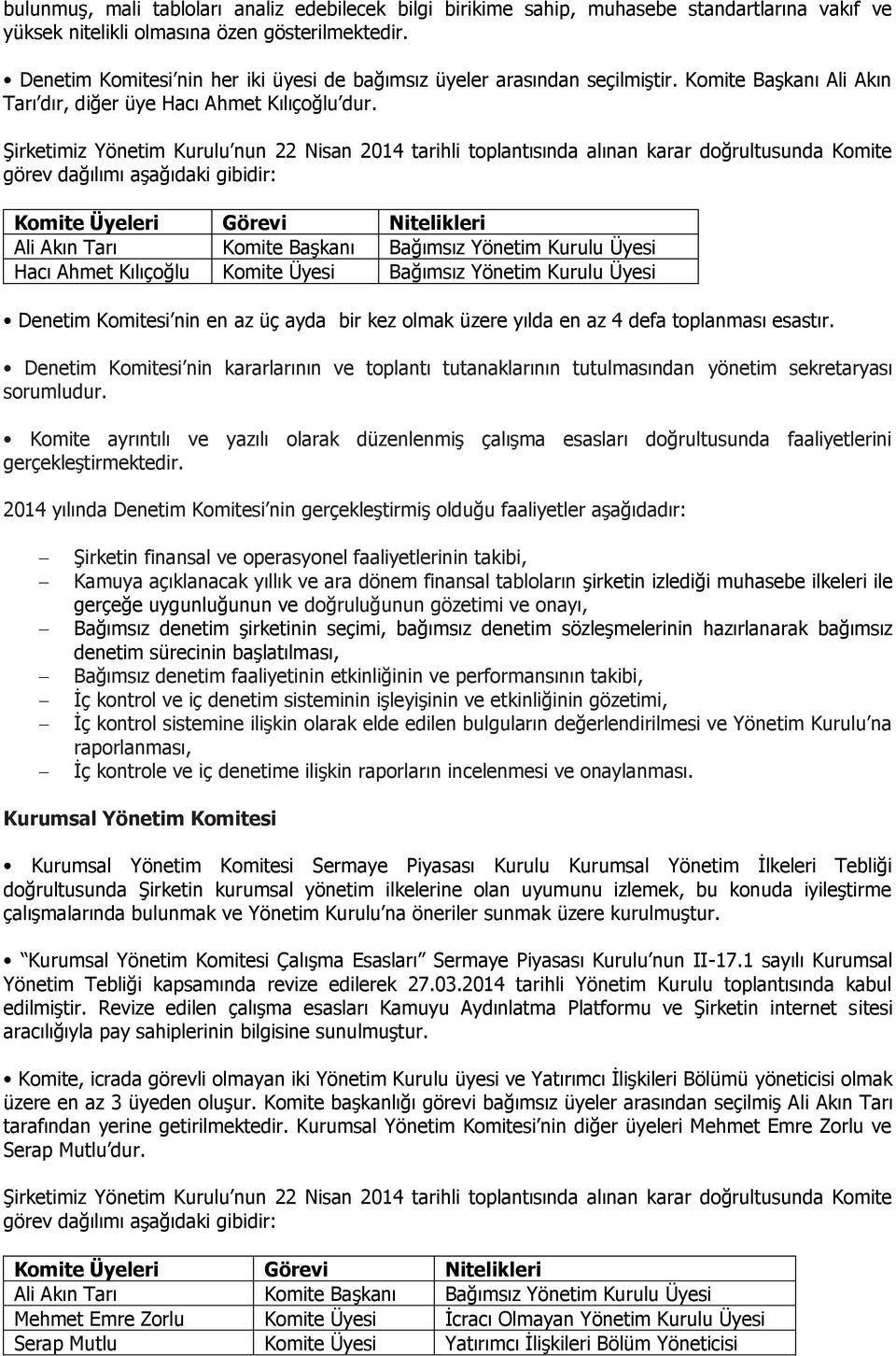 Şirketimiz Yönetim Kurulu nun 22 Nisan 2014 tarihli toplantısında alınan karar doğrultusunda Komite görev dağılımı aşağıdaki gibidir: Komite Üyeleri Görevi Nitelikleri Ali Akın Tarı Komite Başkanı