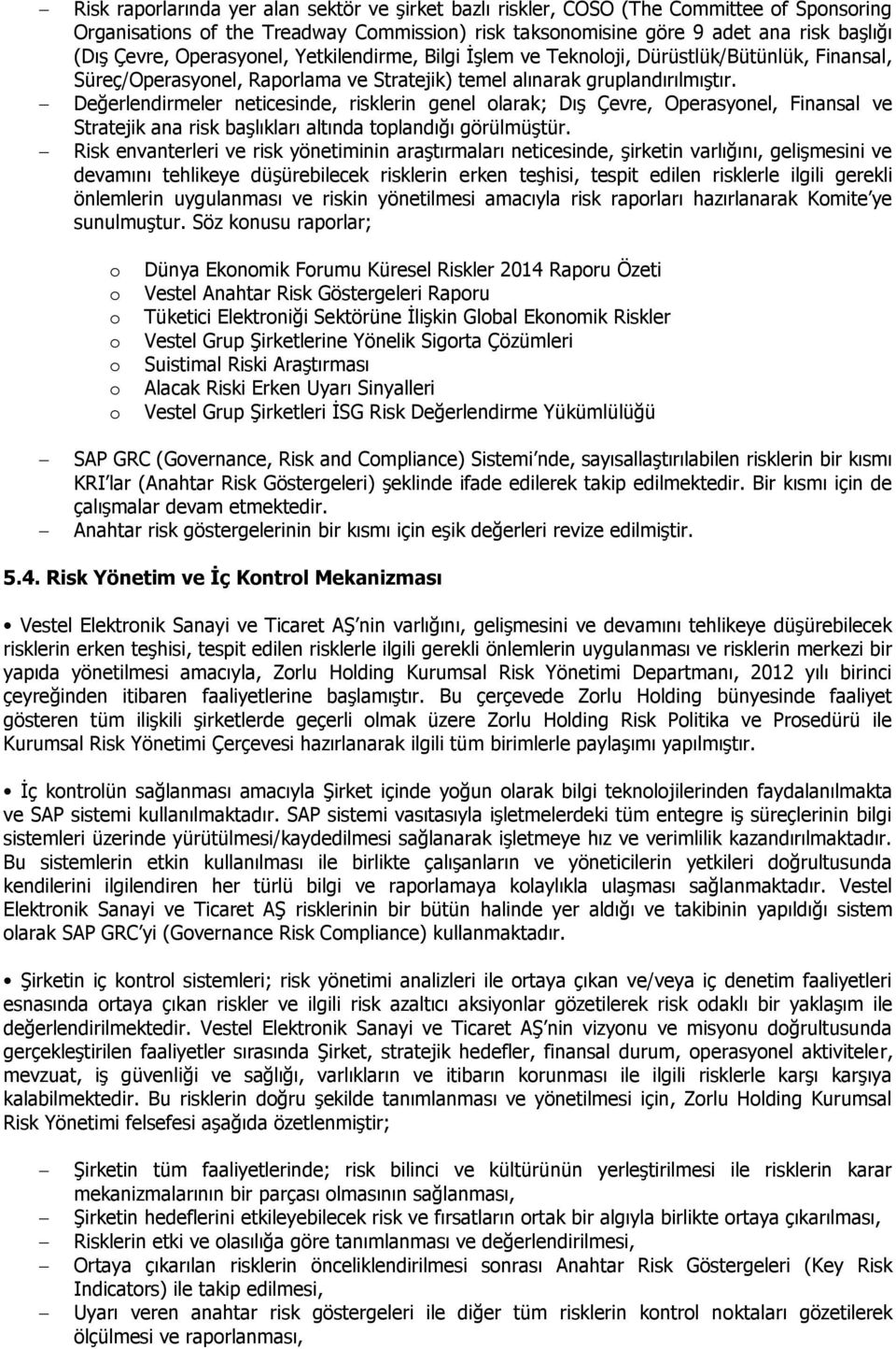 Değerlendirmeler neticesinde, risklerin genel olarak; Dış Çevre, Operasyonel, Finansal ve Stratejik ana risk başlıkları altında toplandığı görülmüştür.