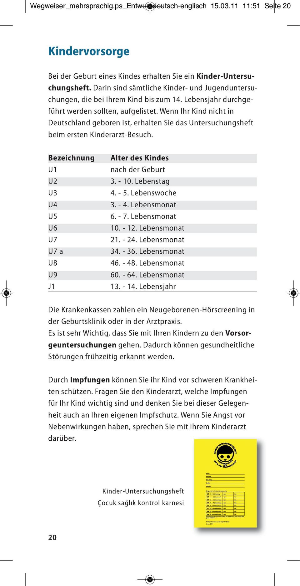 Wenn Ihr Kind nicht in Deutschland geboren ist, erhalten Sie das Untersuchungsheft beim ersten Kinderarzt-Besuch. Bezeichnung U1 U2 U3 U4 U5 U6 U7 U7 a U8 U9 J1 Alter des Kindes nach der Geburt 3.